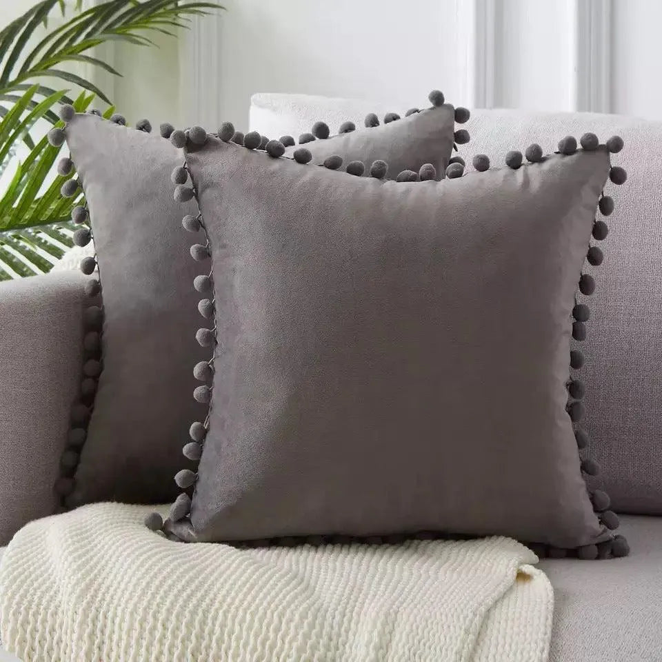 Ball ball lace pillow velvet solid color sofa short plush ball cushion cover - Wooden Twist UAE