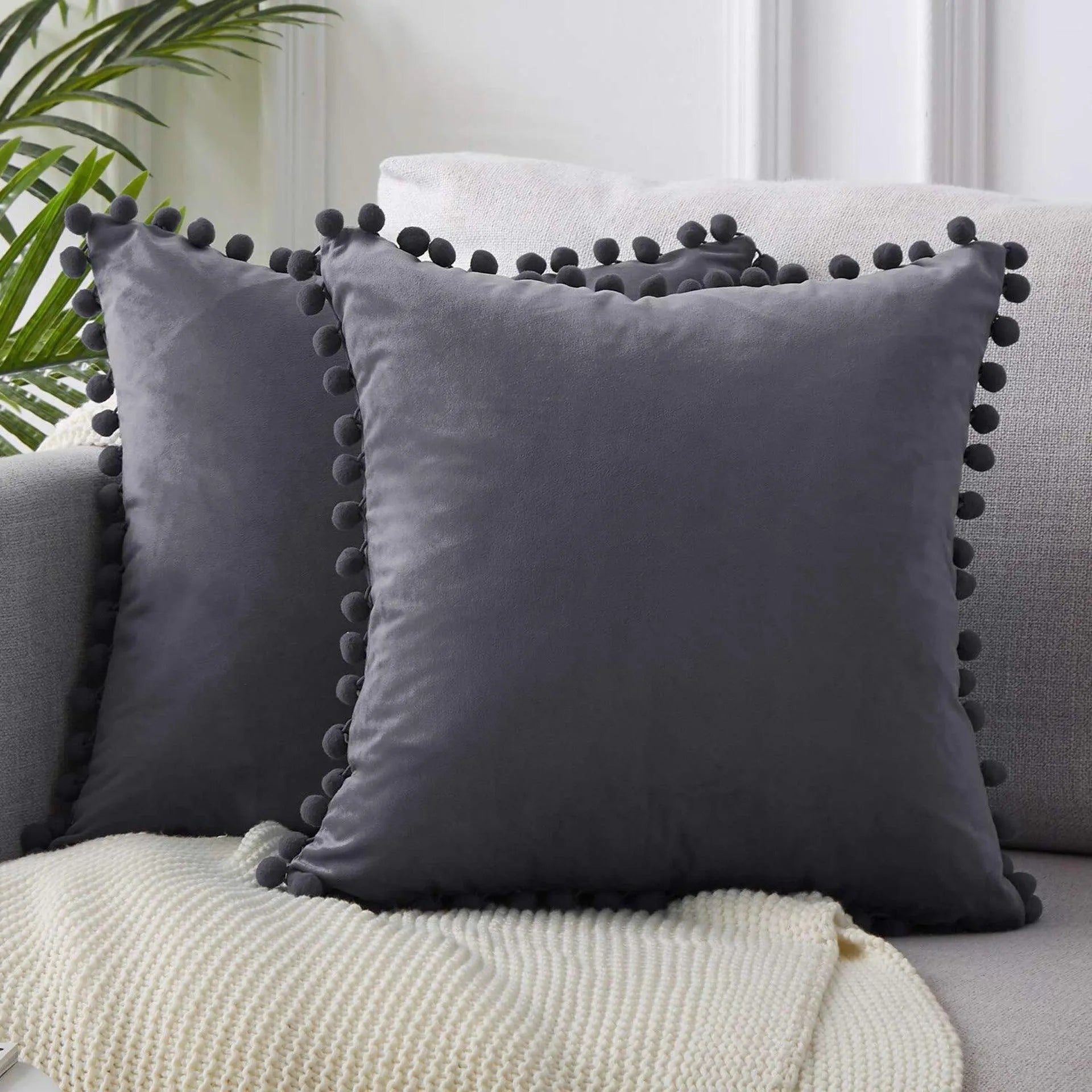 Ball ball lace pillow velvet solid color sofa short plush ball cushion cover - Wooden Twist UAE