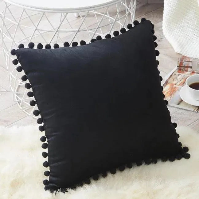 Ball ball lace pillow velvet solid color sofa short plush ball cushion cover - Wooden Twist UAE