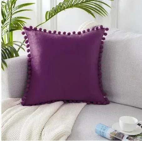 Ball ball lace pillow velvet solid color sofa short plush ball cushion cover - Wooden Twist UAE