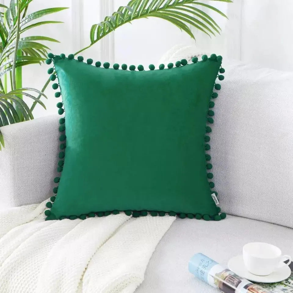 Ball ball lace pillow velvet solid color sofa short plush ball cushion cover - Wooden Twist UAE