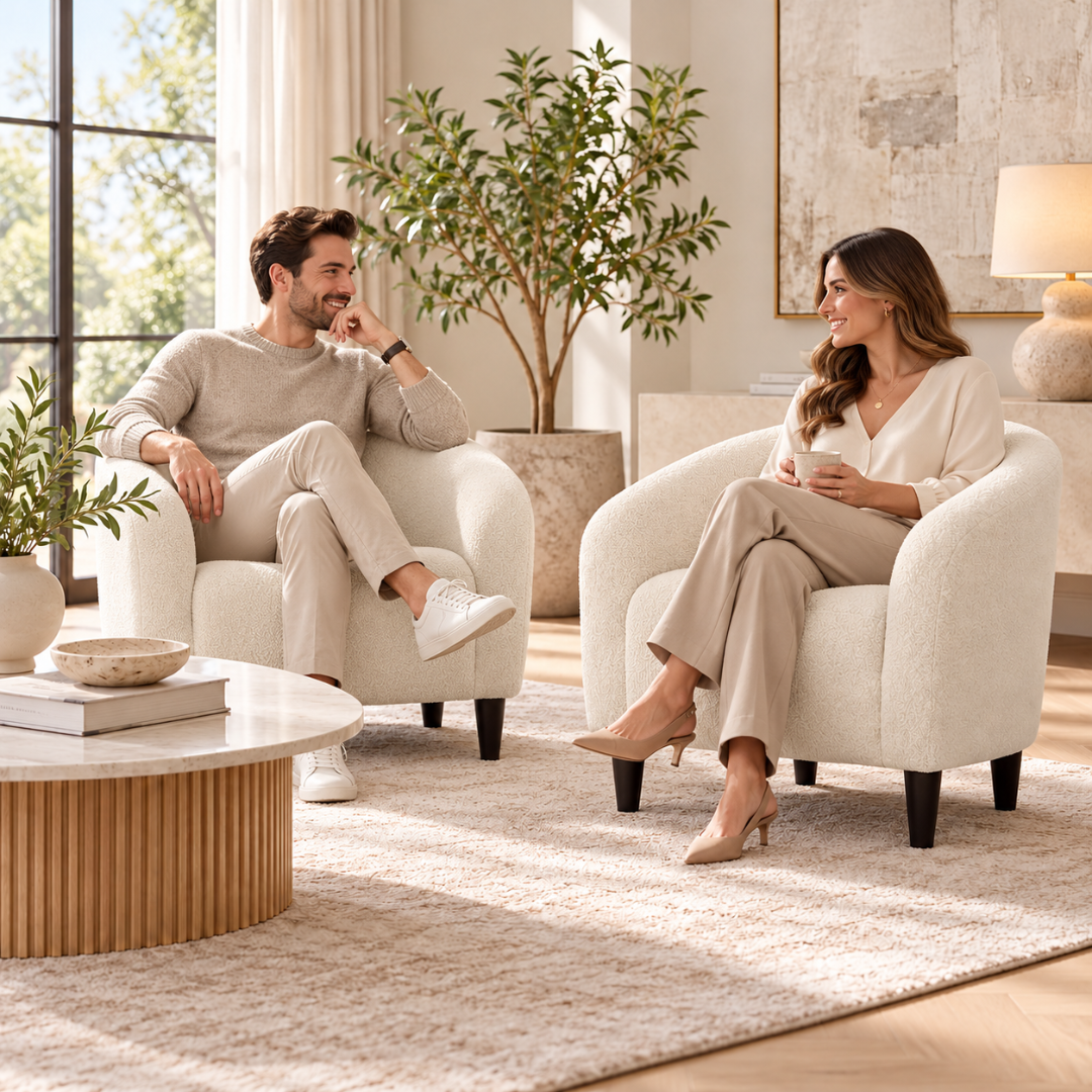 Wooden Twist Boucle Barrel Lounge Chairs Set of 2 Beige – couple seated chatting