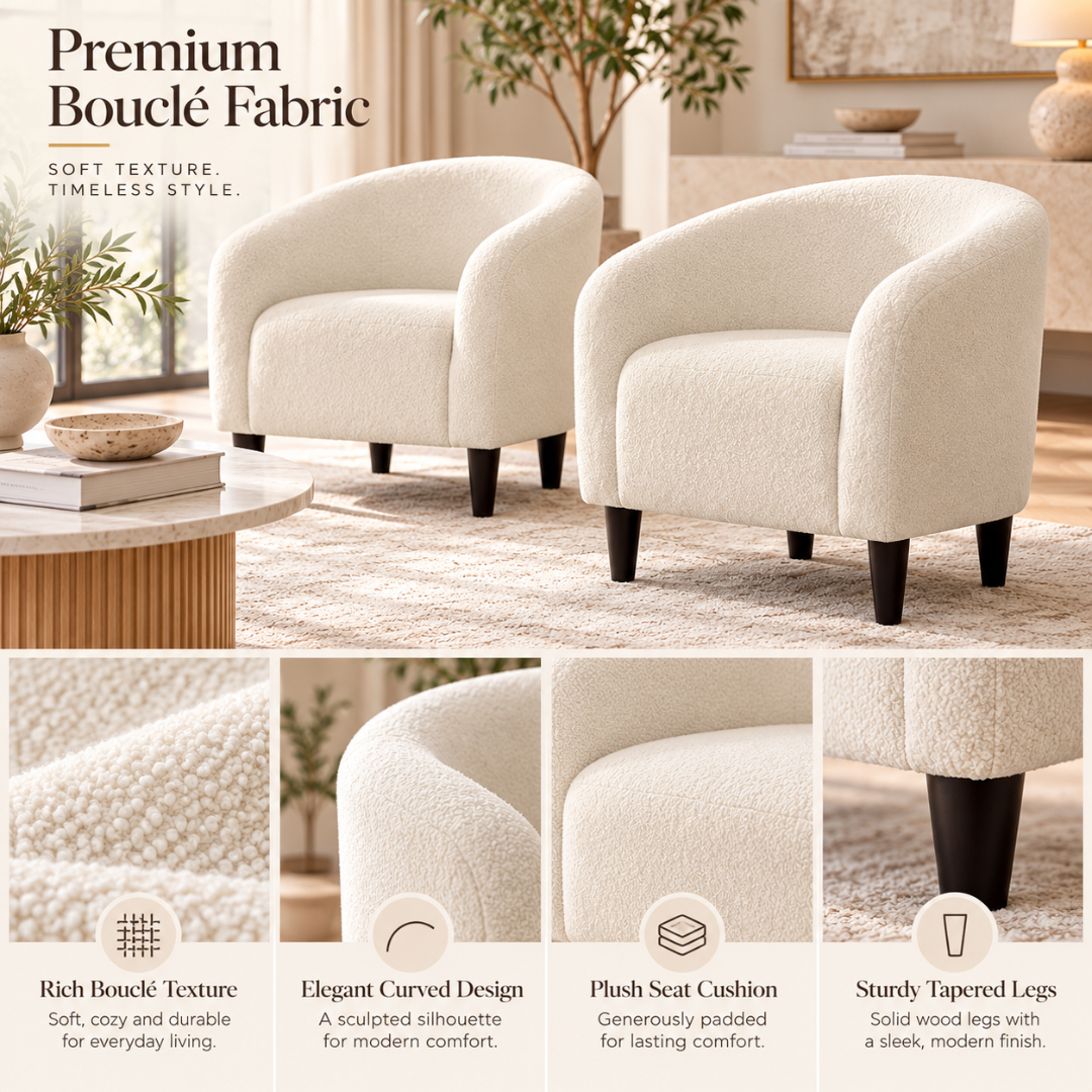 Wooden Twist Boucle Barrel Lounge Chairs Set of 2 Beige – boucle fabric and design details