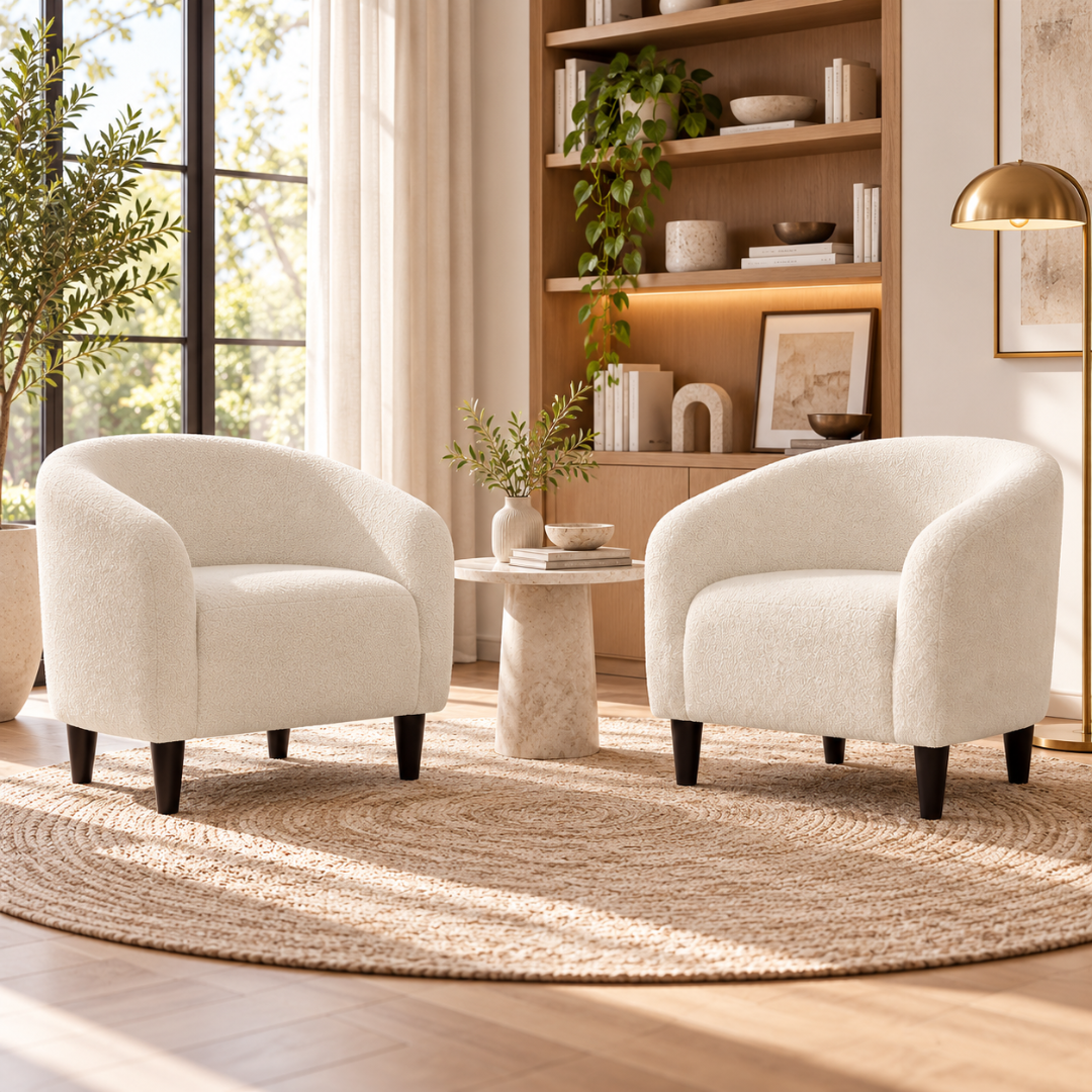 Wooden Twist Boucle Barrel Lounge Chairs Set of 2 Beige – styled with side table
