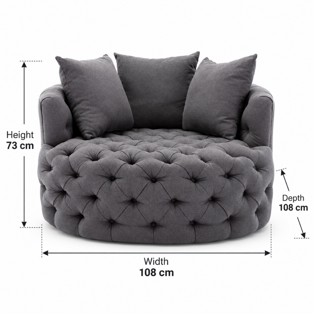 Wooden Twist Round Button Tufted Velvet Cuddle Chair Dark Grey – Dimensions 108 x 108 x 73 cm
