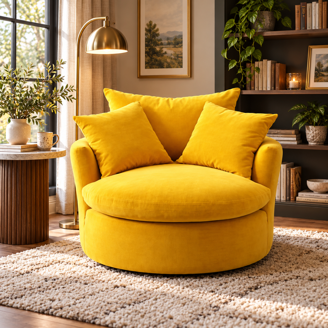 Wooden Twist Round Cuddle Chair with 3 Pillows Yellow – living room