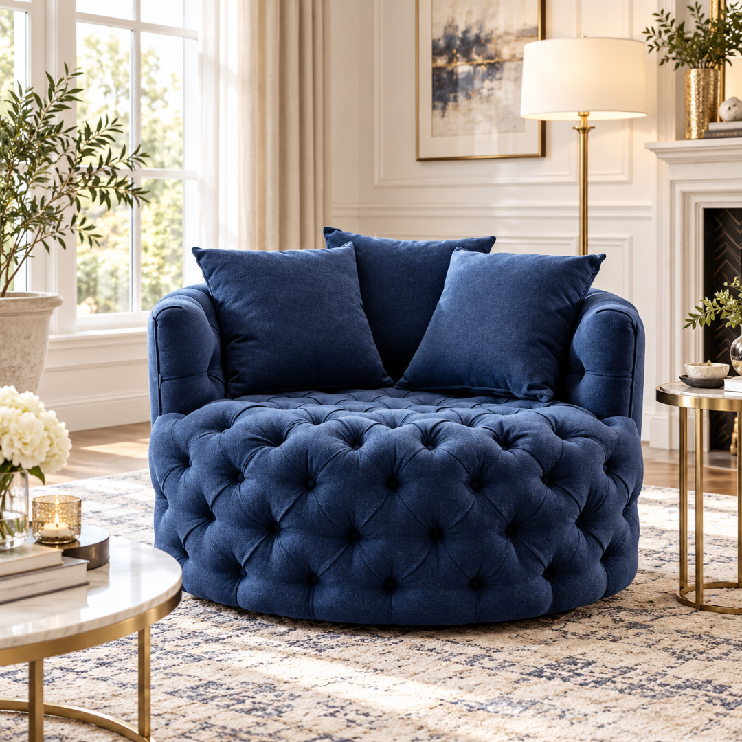 Wooden Twist Round Button Tufted Velvet Cuddle Chair Blue – Living Room