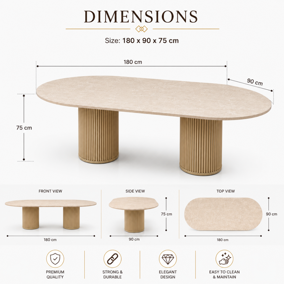 Wooden Twist Oval Cream Marble Dining Table with Fluted Double Pedestal Base