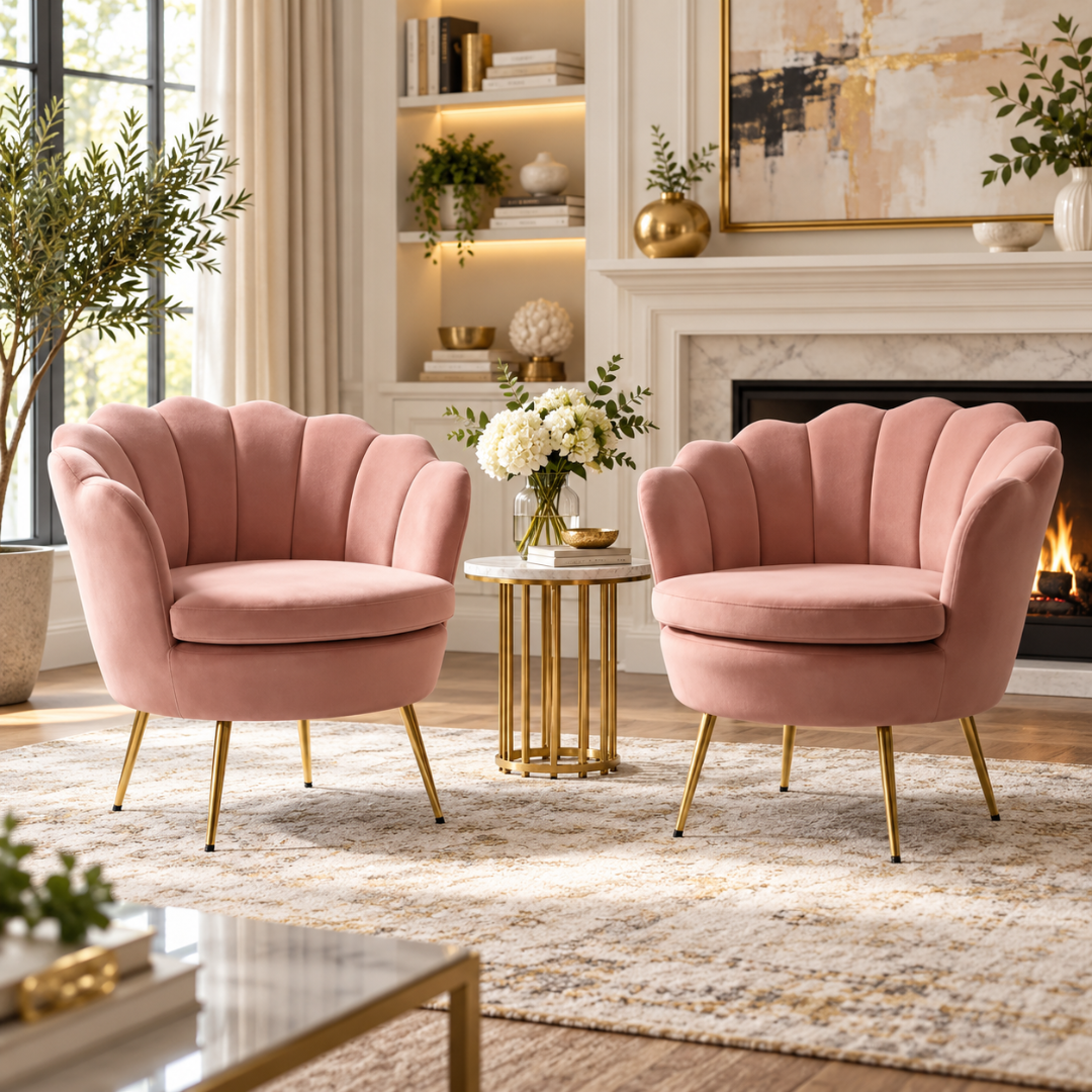 Wooden Twist Suxz Scalloped Velvet Barrel Chair Pink – living room pair