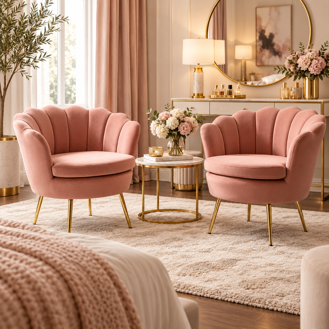 Wooden Twist Suxz Scalloped Velvet Barrel Chair Pink – pair by window