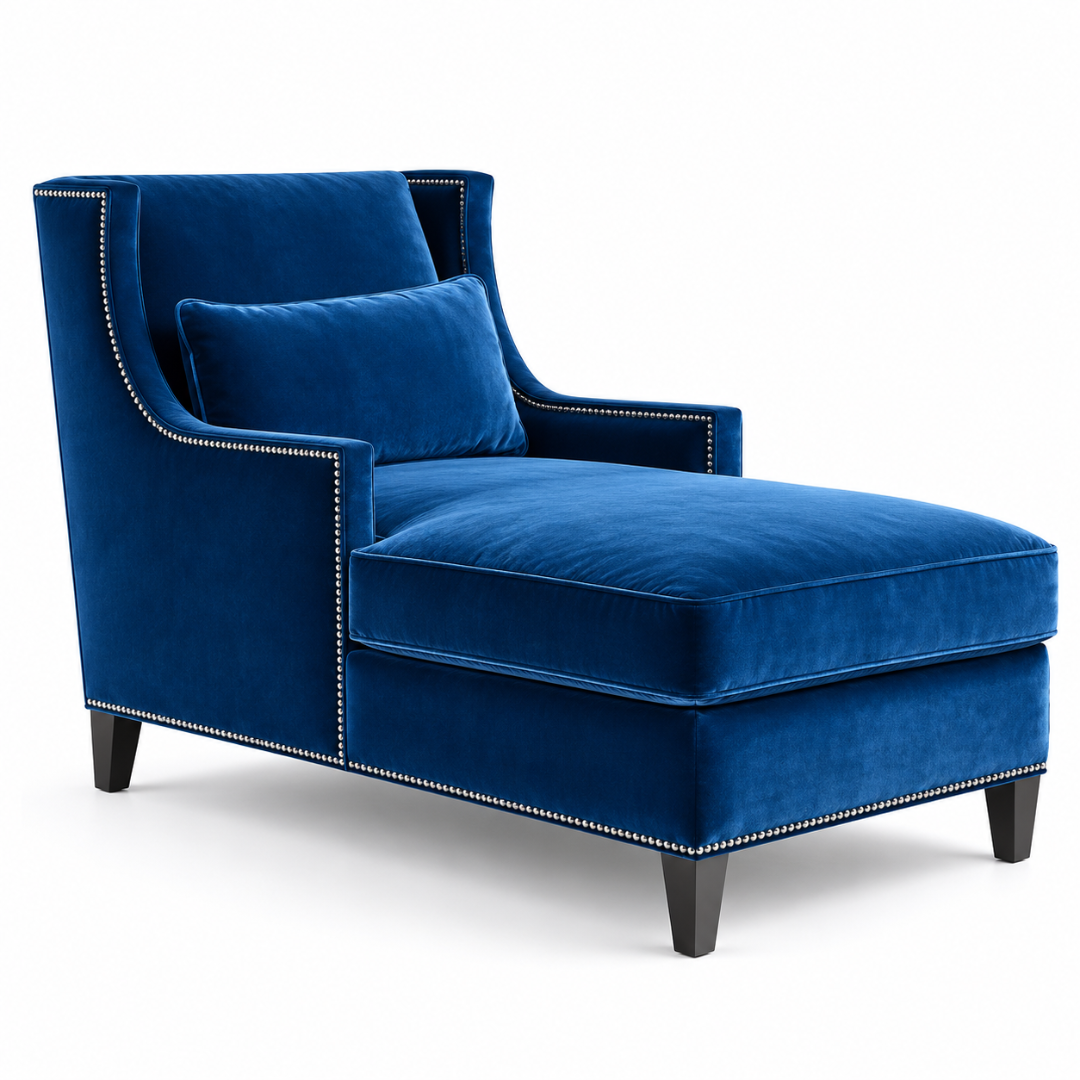 Wooden Twist Majestic Wingback Velvet Chaise Lounge Blue – Side Angle View