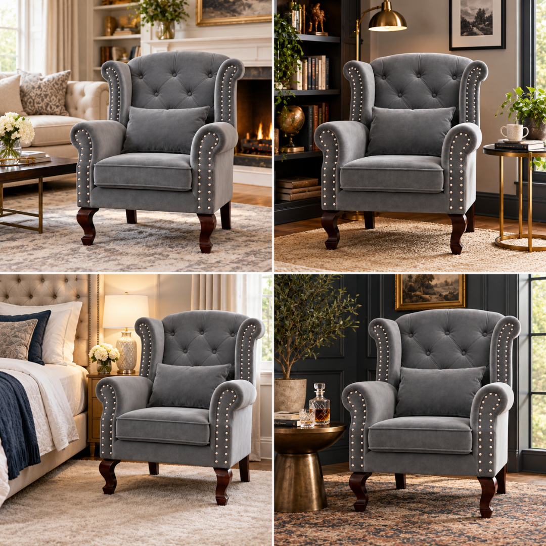 Wooden Twist Majestic Velvet Wingback Chair Grey – Room Styling Ideas