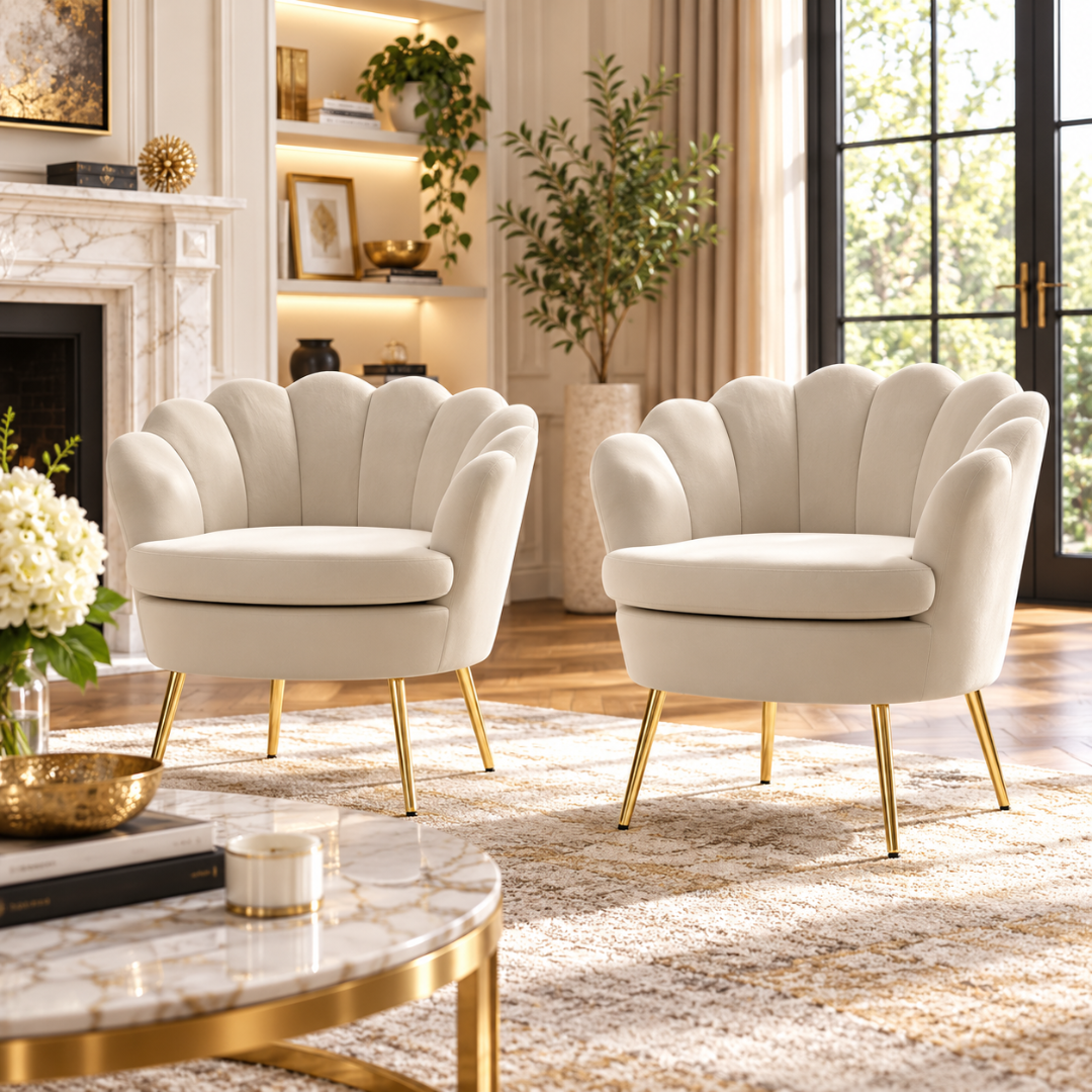 Wooden Twist Suxz Scalloped Velvet Barrel Chair Cream – living room pair
