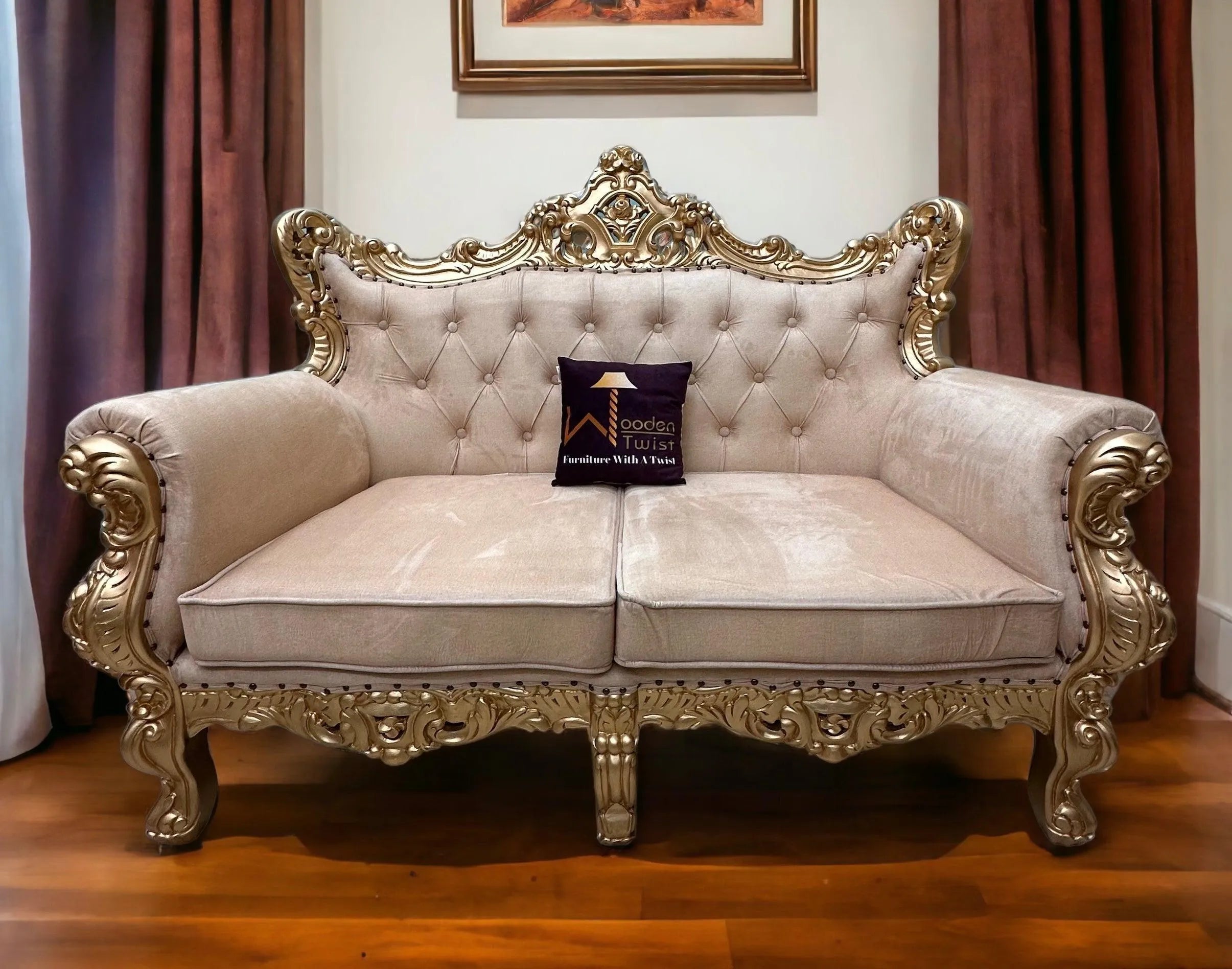 Wooden Boutique French Baroque Style Golden Leaf Hand Carved Sofa (2 Seater) - Wooden Twist UAE