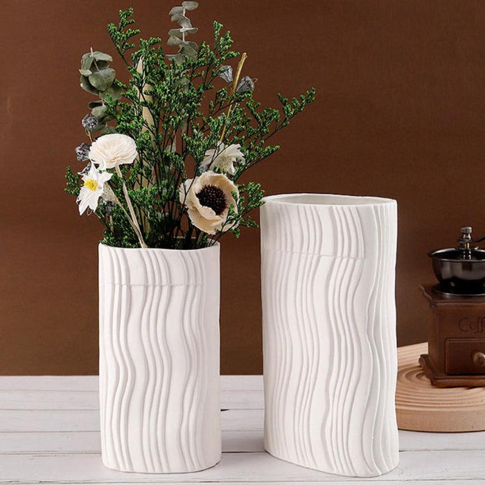 Wooden Twist Modern Home Decor White Ceramic Origami Shape Decorative Vase for Flowers Set of 2