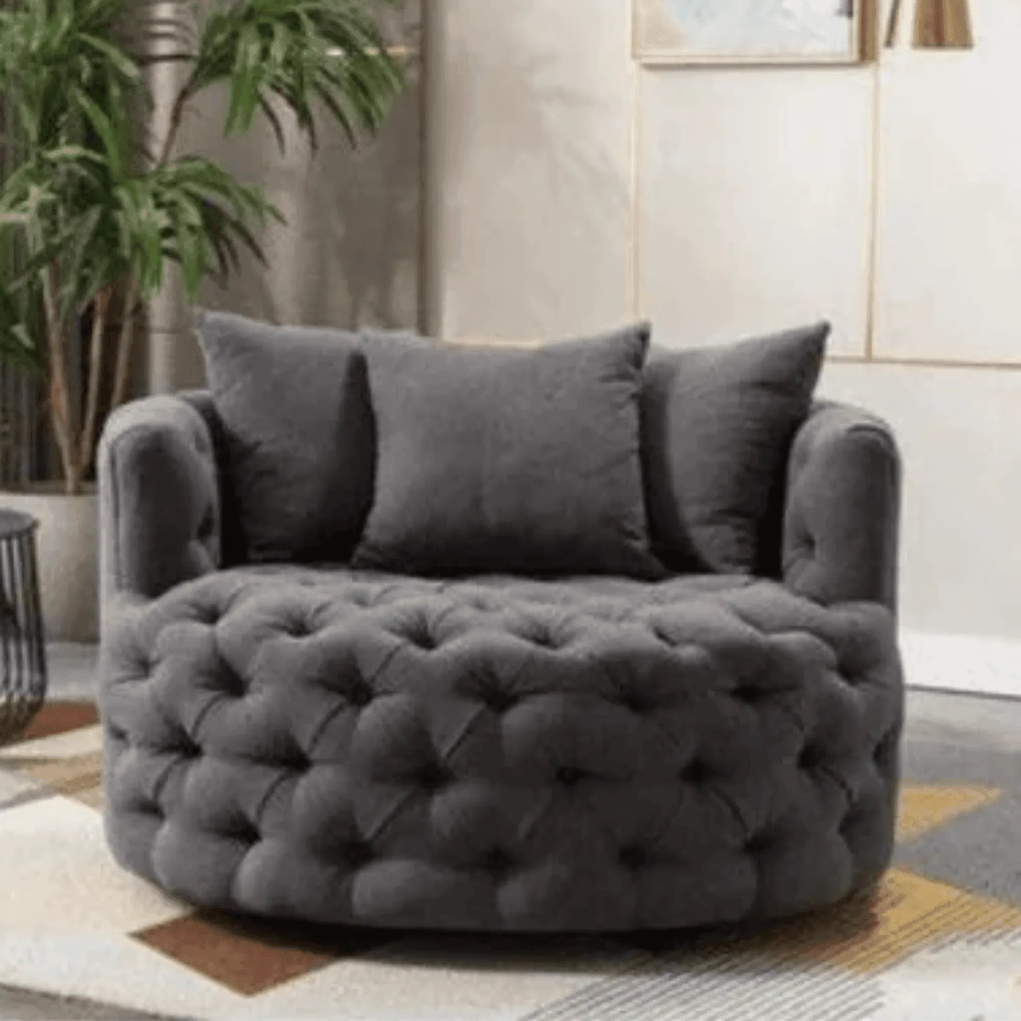 Wooden Twist Barrel Button Tufted Design Modern Round Sofa For Living Room with 3 Pillows - Wooden Twist UAE