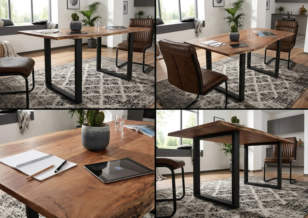 Wooden Twist Acacia Wood and Wrought Iron Vintage Dining Table Rustic Industrial Design for Home Decor