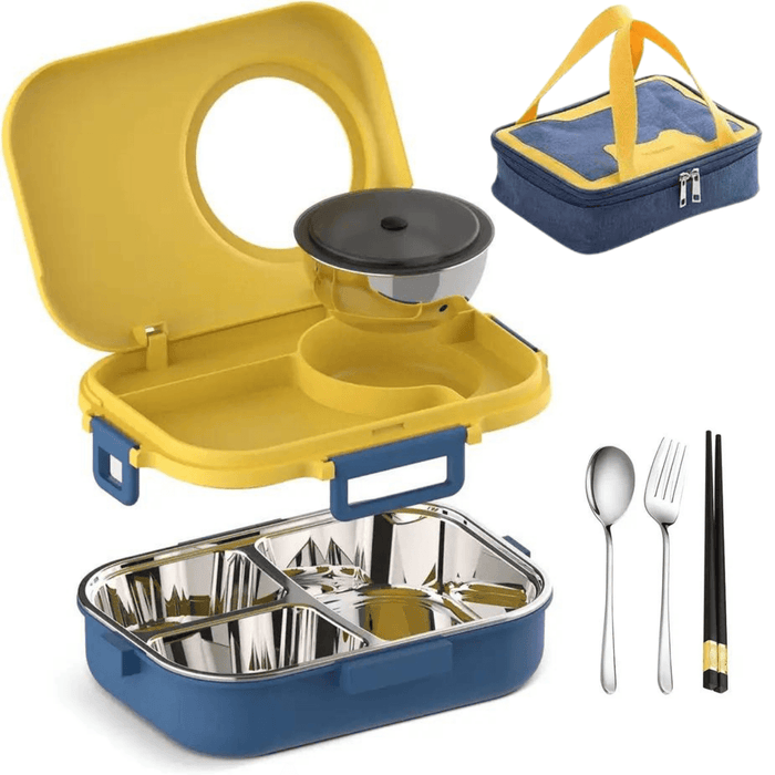 Raafi Stainless Steel Yellow Tiffin Box Lunch Box Kids Adults With Soup Bowl, Bag, Spoon, Fork, Chopsticks 1100 ml