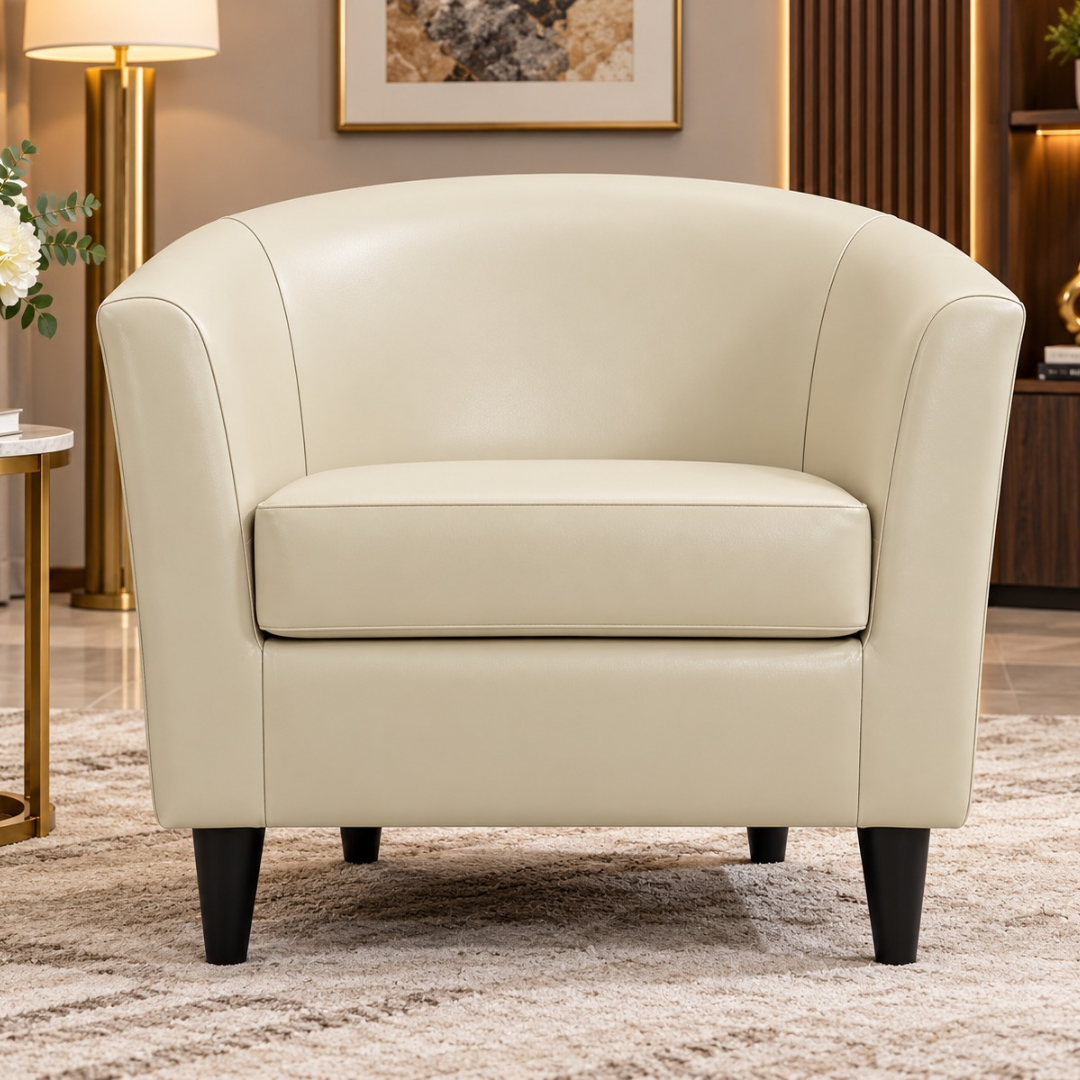 Wooden Twist off-white leatherette barrel tub chair with dark wooden legs in a modern living room