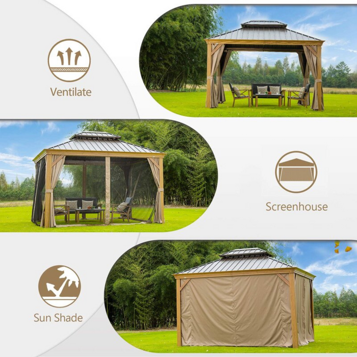 Wooden Twist Extend Waxed Garden Gazebo with Waterproof Curtain and Mosquito Net ( Grey )