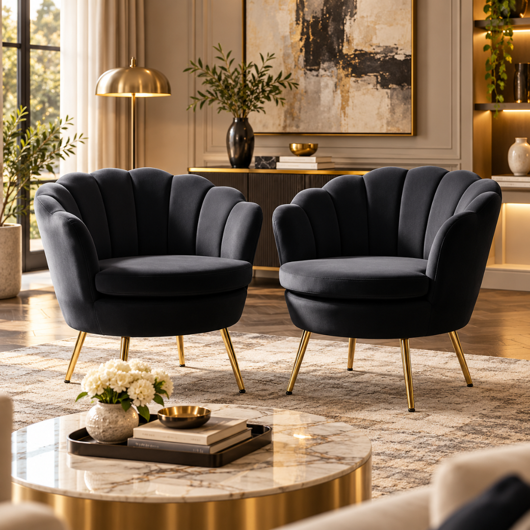 Wooden Twist Suxz Scalloped Velvet Barrel Chair Black – living room pair