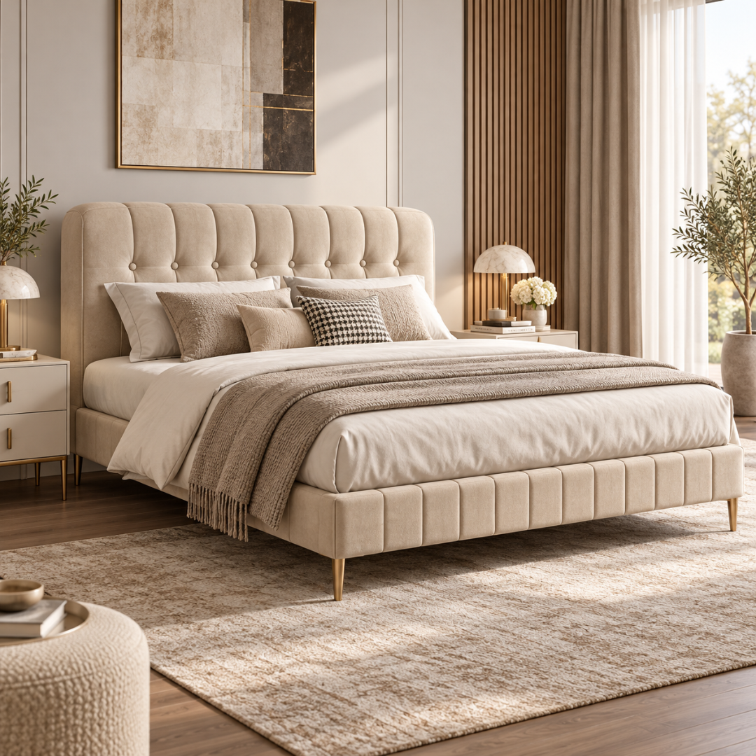 Wooden Twist Button Tufted Channel Suede Bed Beige – luxury bedroom