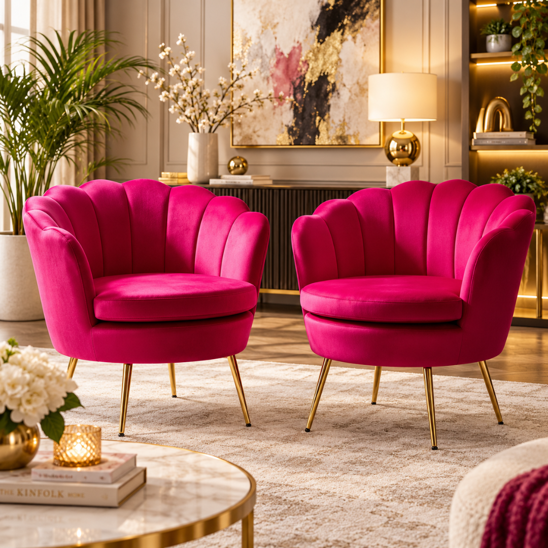 Wooden Twist Suxz Scalloped Velvet Barrel Chair Dark Pink – living room pair