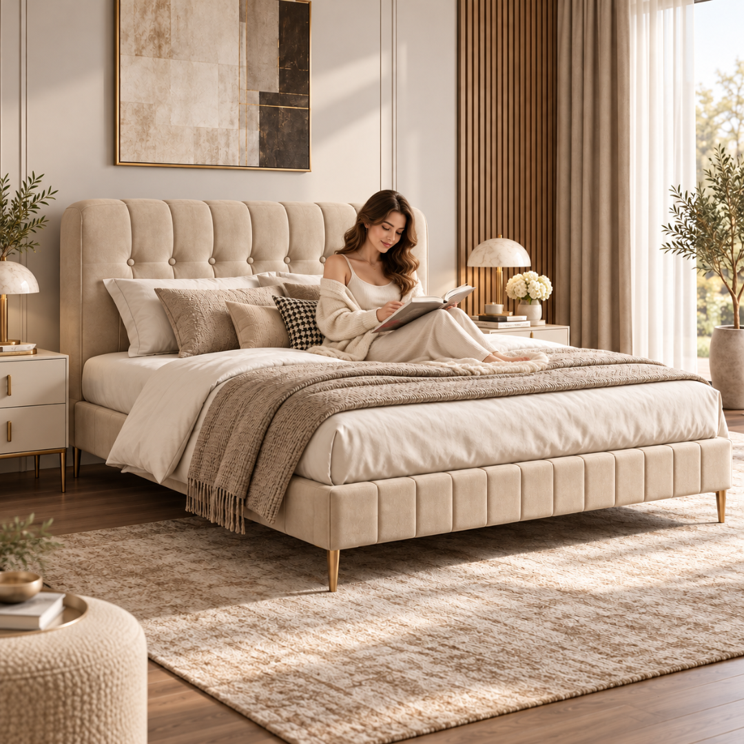 Wooden Twist Button Tufted Channel Suede Bed Beige – woman reading in bed