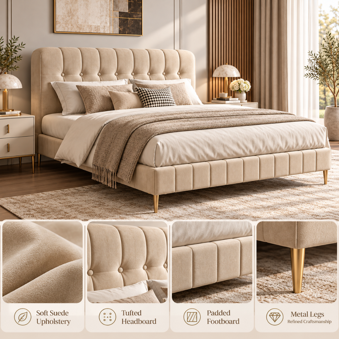 Wooden Twist Button Tufted Channel Suede Bed Beige – design features