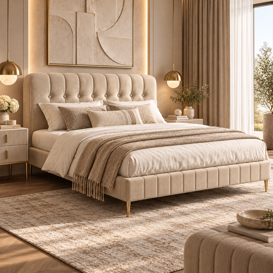 Wooden Twist Button Tufted Channel Suede Bed Beige – bedroom side view