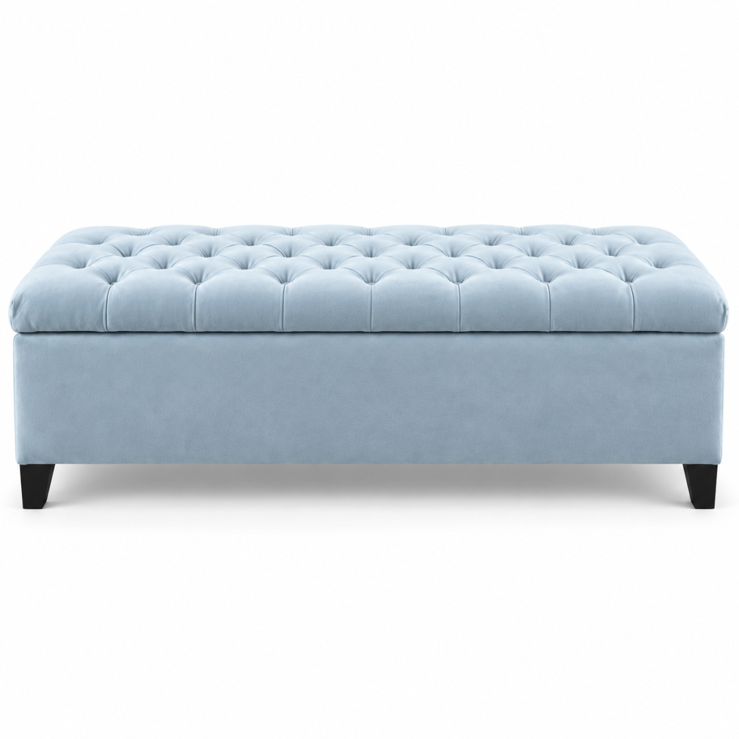 Wooden Twist Zelja light sky blue velvet storage bench – front view on white background