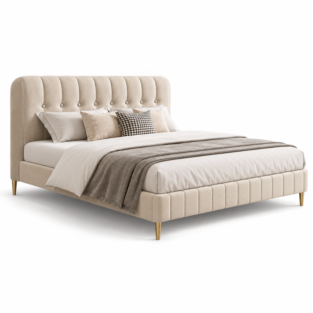 Wooden Twist Button Tufted Channel Suede Bed Beige – angle view with bedding