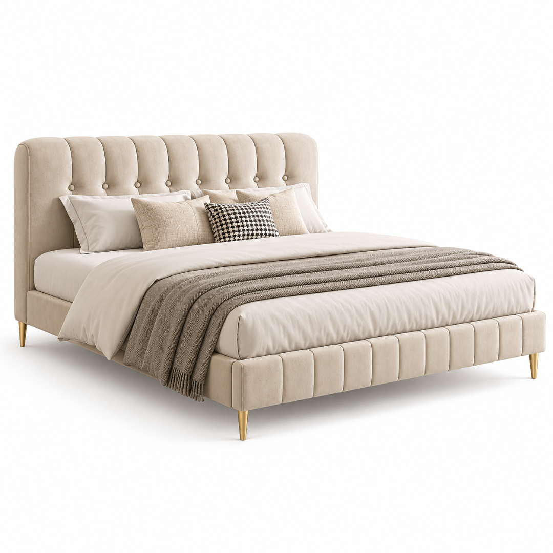 Wooden Twist Button Tufted Channel Suede Bed Beige – three-quarter view with bedding