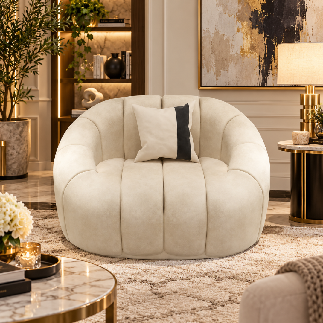Wooden Twist Collin Oval Channel Tufted Single Seater Sofa Beige Velvet – Living Room