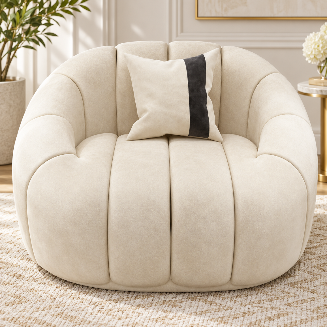 Wooden Twist Collin Oval Channel Tufted Single Seater Sofa Beige Velvet – Front Close-Up