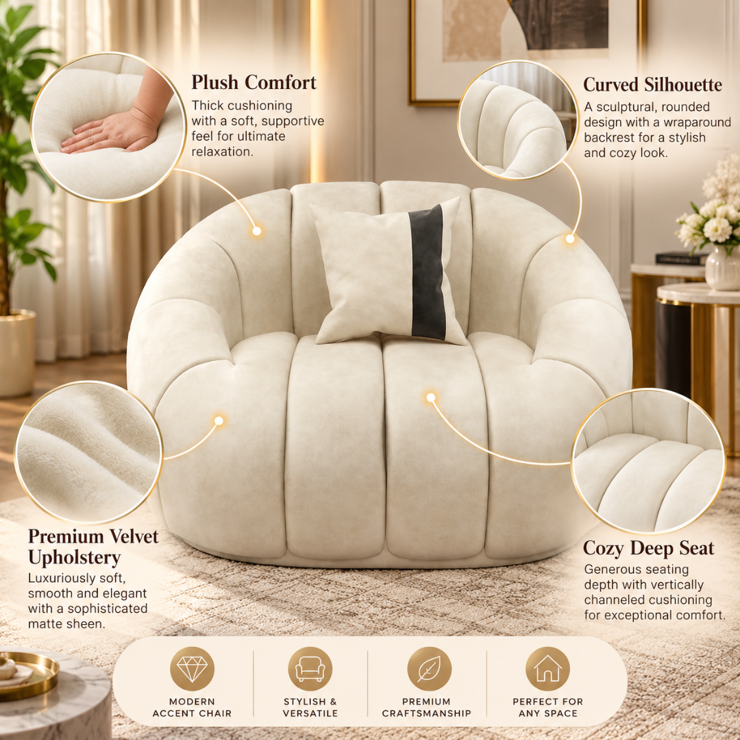 Wooden Twist Collin Oval Channel Tufted Single Seater Sofa Beige Velvet – Key Features