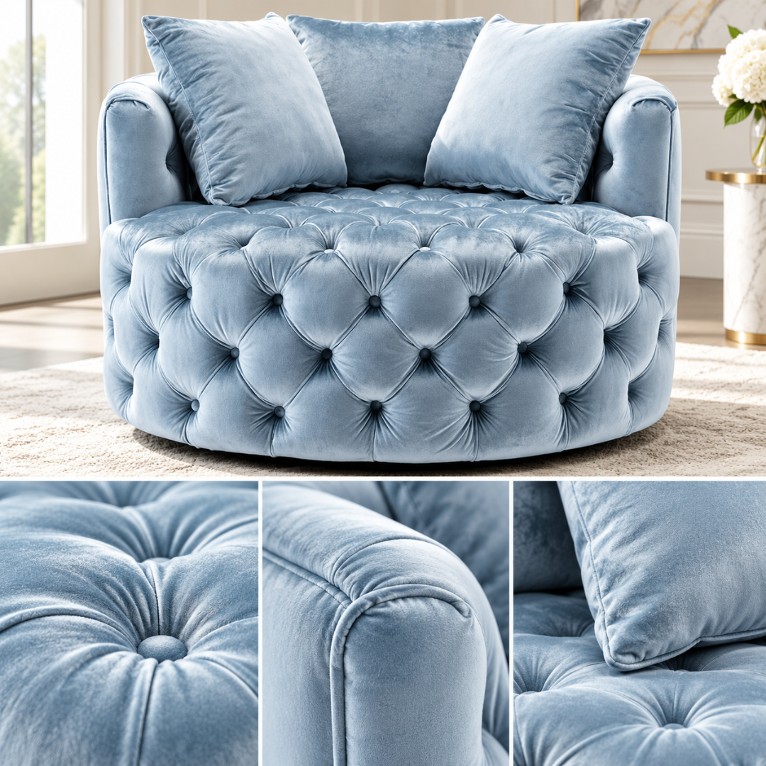 Wooden Twist Round Button Tufted Velvet Cuddle Chair Baby Blue – Detail Close-Ups