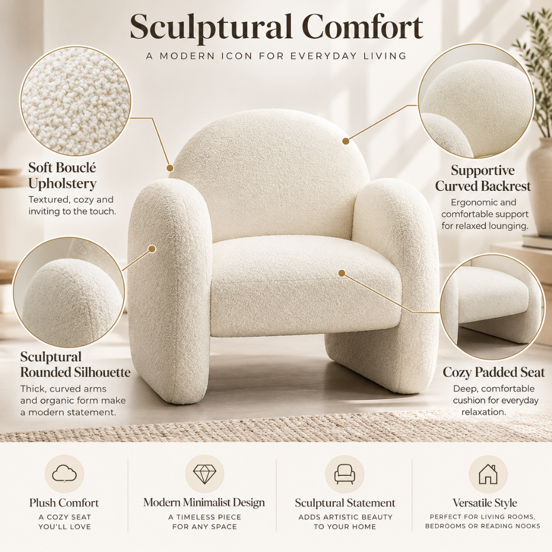 Locus armchair features: soft boucle upholstery, supportive curved backrest, sculptural rounded silhouette, cosy padded seat