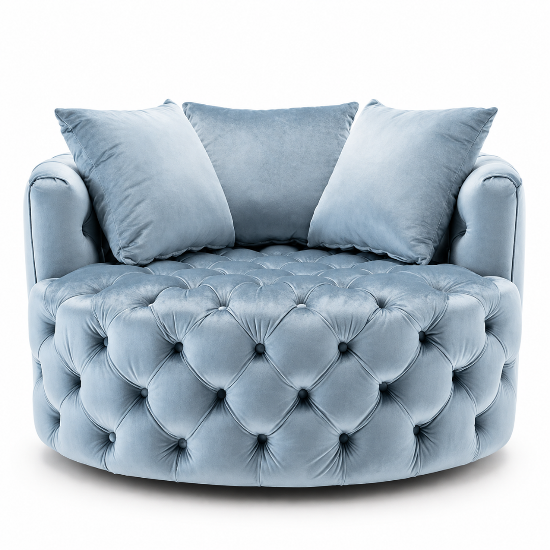 Wooden Twist Round Button Tufted Velvet Cuddle Chair Baby Blue – Front View