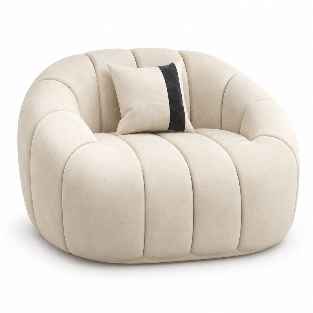Wooden Twist Collin Oval Channel Tufted Single Seater Sofa Beige Velvet – Angle View
