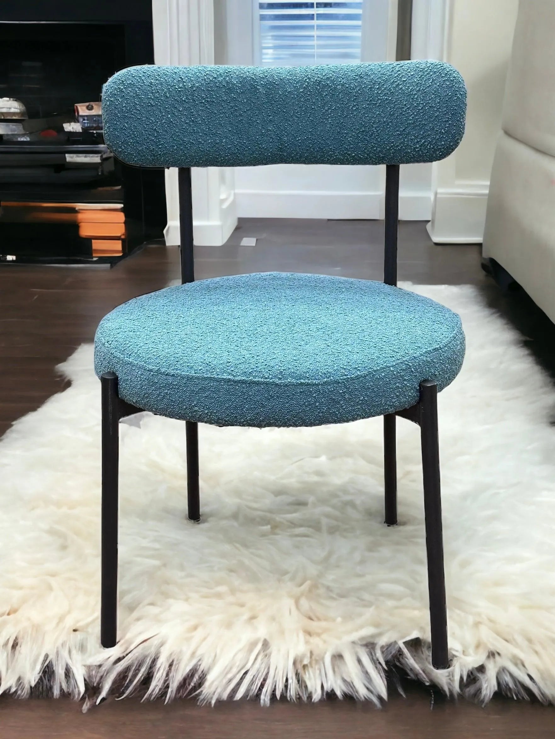 Round Upholstered Boucle Dining Room Chair Mid-Century Modern Kitchen Chairs Curved Backrest Chairs for Dining Room Black Metal Legs - Wooden Twist UAE