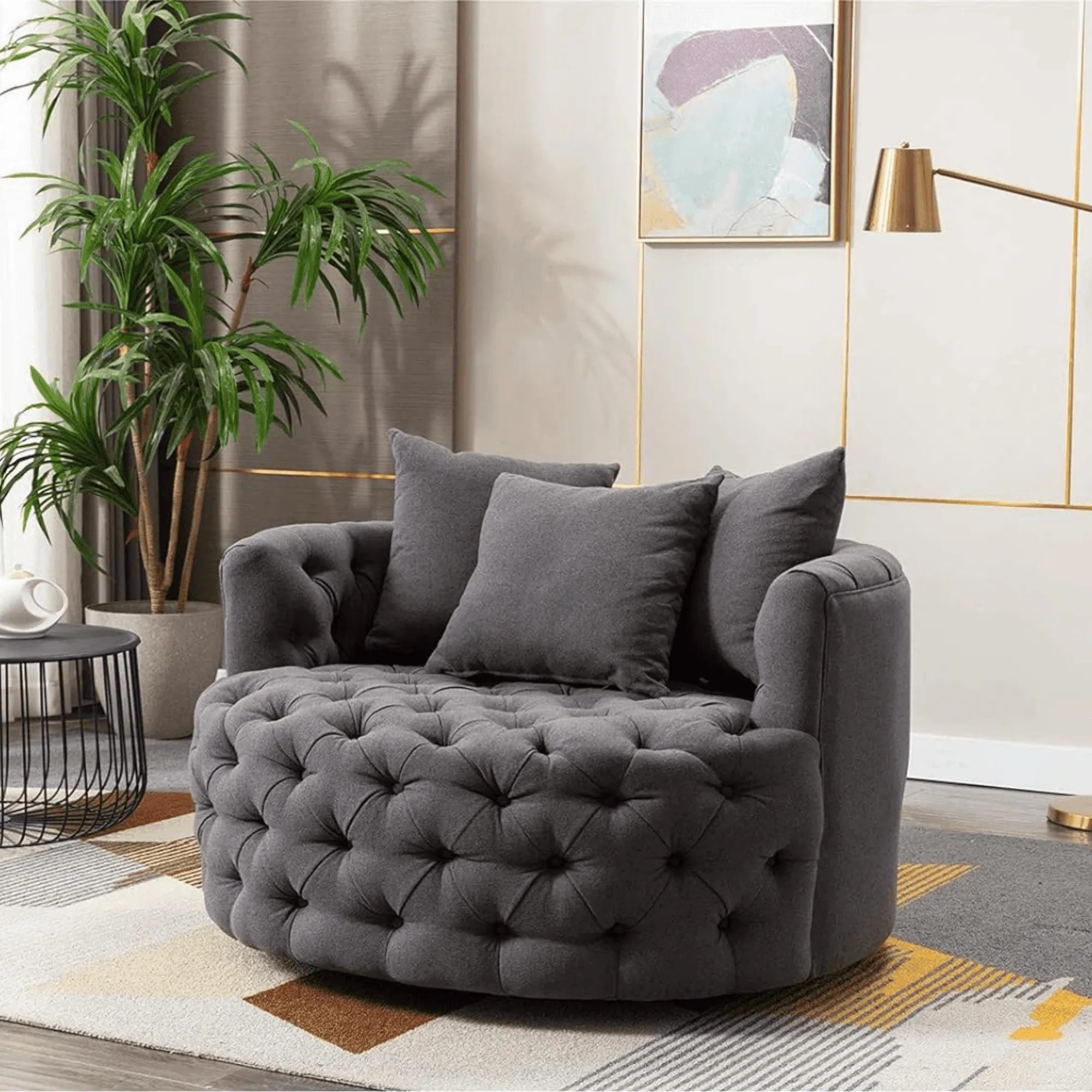 Wooden Twist Barrel Button Tufted Design Modern Round Sofa For Living Room with 3 Pillows - Wooden Twist UAE