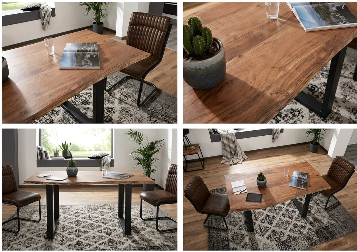 Wooden Twist Acacia Wood and Wrought Iron Vintage Dining Table Rustic Industrial Design for Home Decor