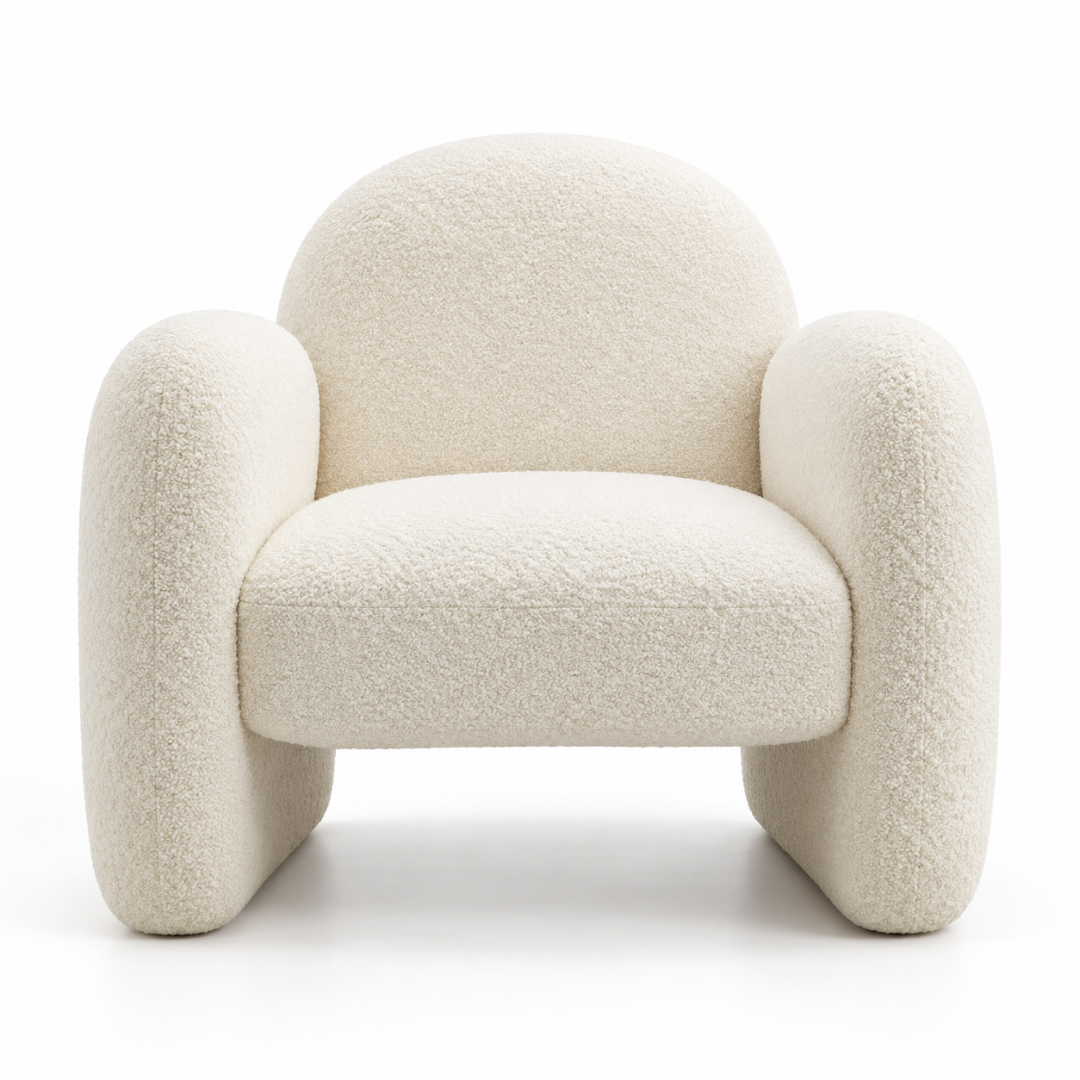 Front view of the Locus cream-white boucle lounge armchair on a white background