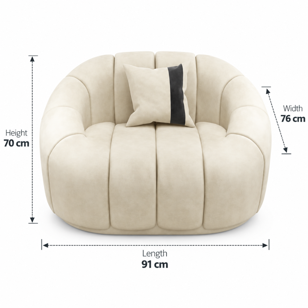 Wooden Twist Collin Oval Channel Tufted Single Seater Sofa Beige Velvet – Dimensions 91 x 76 x 70 cm