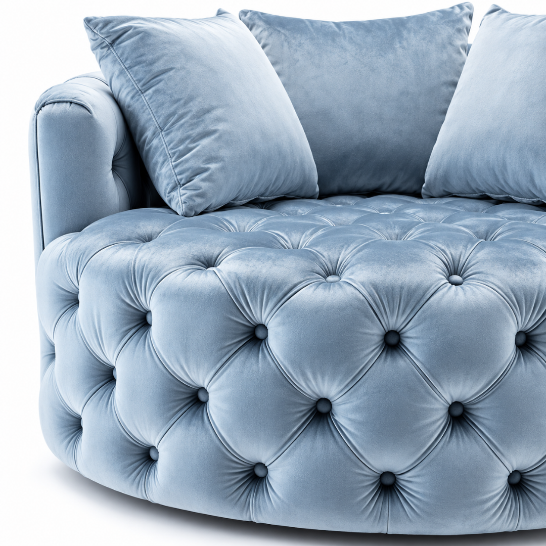 Wooden Twist Round Button Tufted Velvet Cuddle Chair Baby Blue – Tufted Close-Up