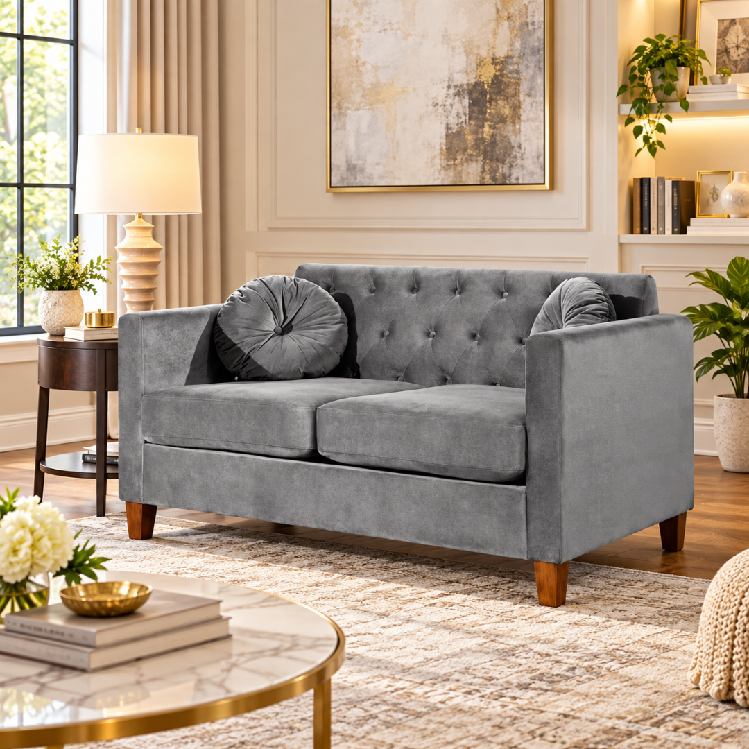 Wooden Twist Velvet Square Arm Loveseat 2 Seater Sofa Grey – Living Room Setting