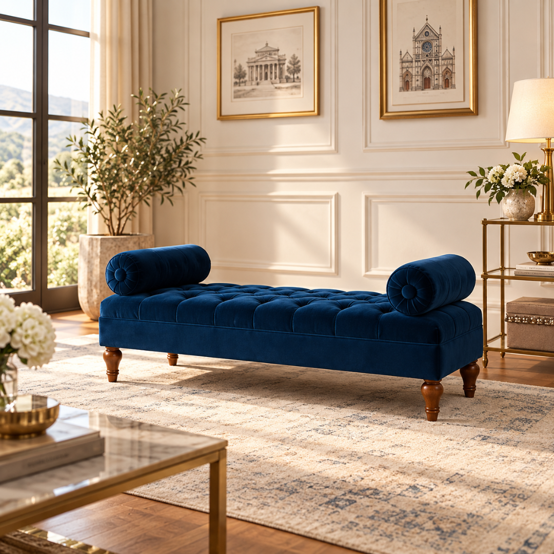 Wooden Twist Lewis Tufted Diwan Bench with Bolsters Blue – Living Room Setting