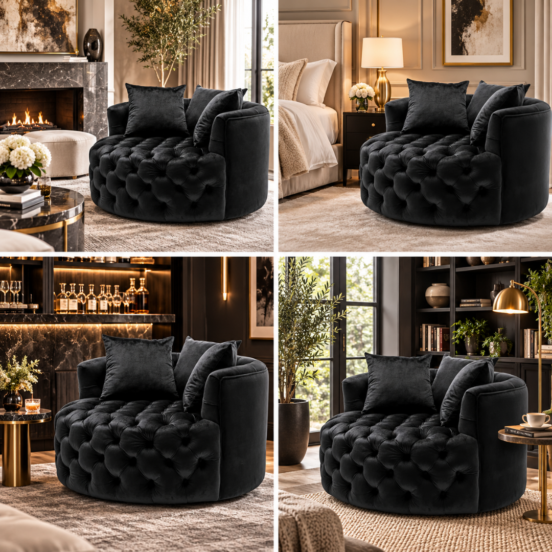 Wooden Twist Round Button Tufted Velvet Cuddle Chair Black – Room Styling Ideas