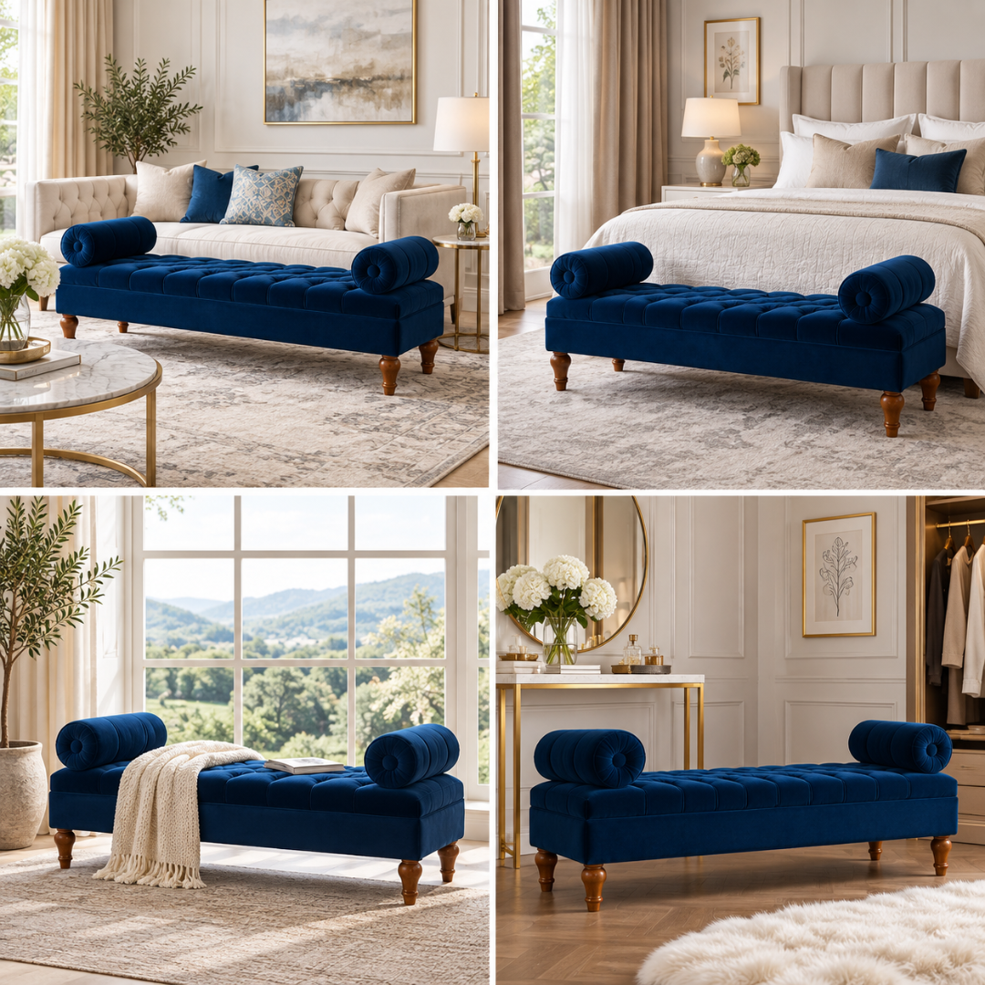Wooden Twist Lewis Tufted Diwan Bench with Bolsters Blue – Room Setting Collage